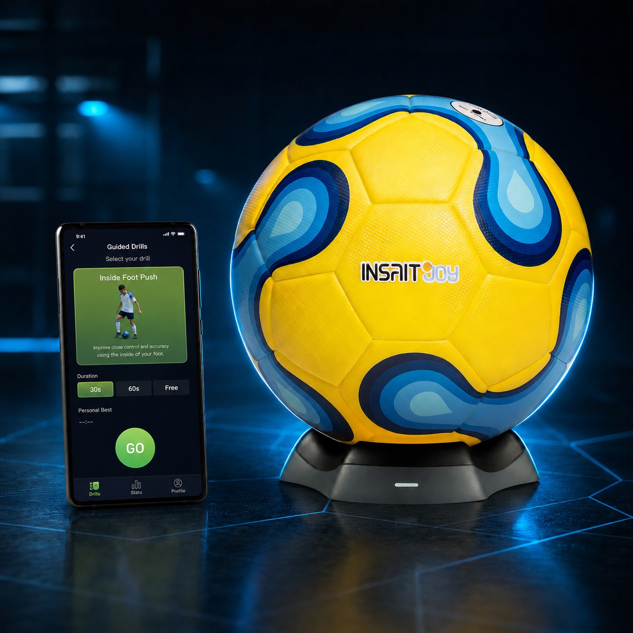 Official yellow and blue INSAIT JOY Smart Football with charging base and connected guided-drill app